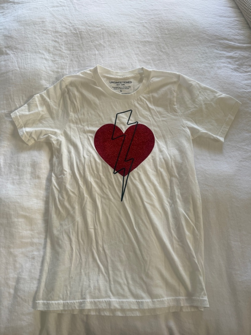 Unsweetened White Tee with Red Heart & Lightning Graphic